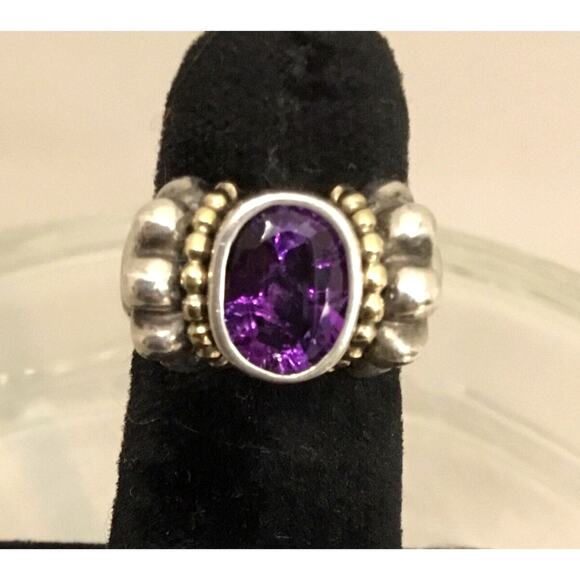 Vintage Lagos Caviar Sterling/18k Yellow Gold Oval Amethyst RING Sz 4 - Picture 1 of 6